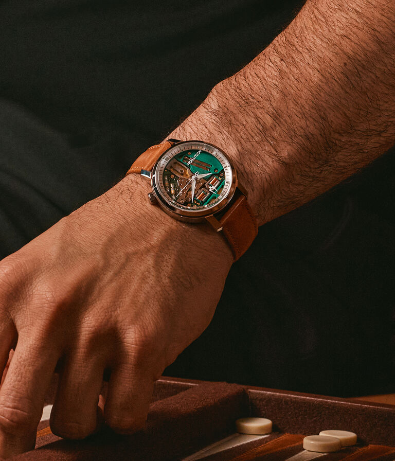 Spaceview Watches; Man's wrist wearing Spaceview 314 watch model 26A212